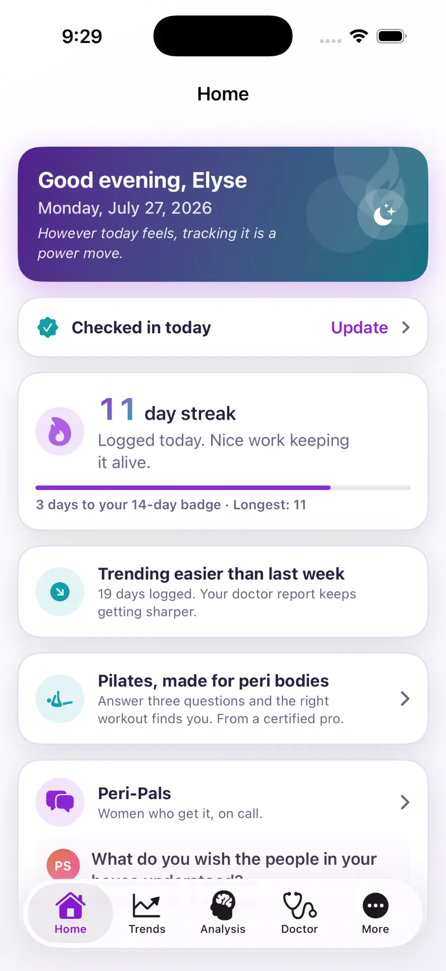 Home dashboard with daily check-in and streak