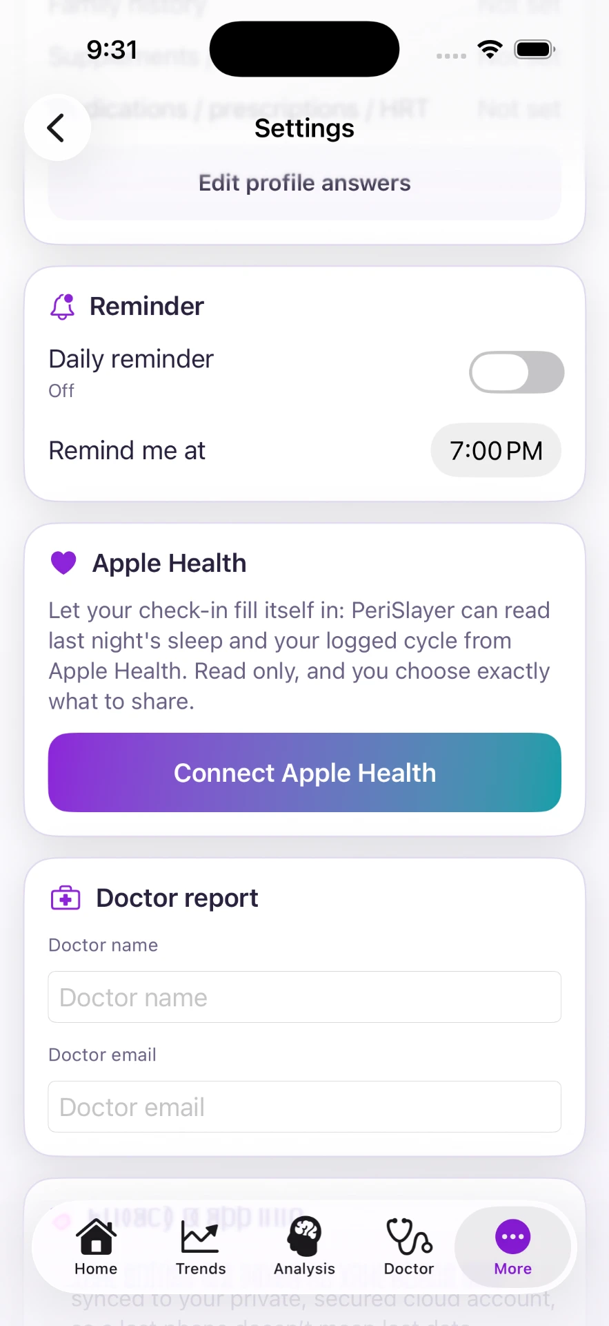 Settings with reminders and Apple Health