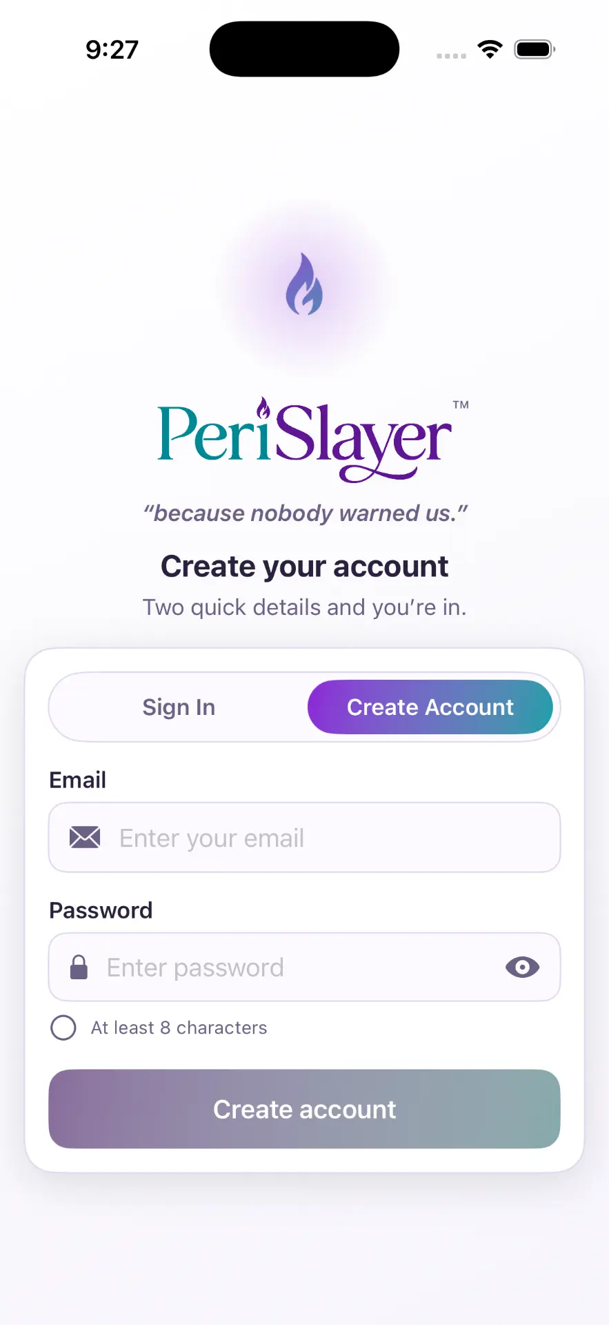 Create your PeriSlayer account screen