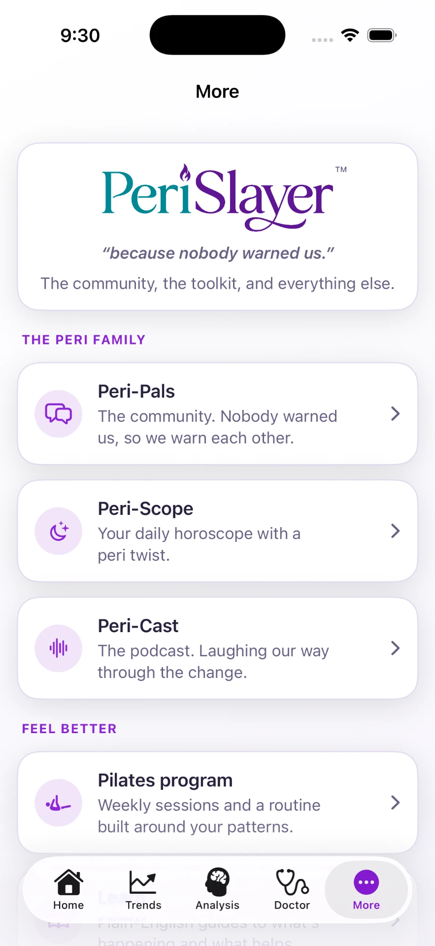 More menu with Peri-Pals, Peri-Scope and Peri-Cast